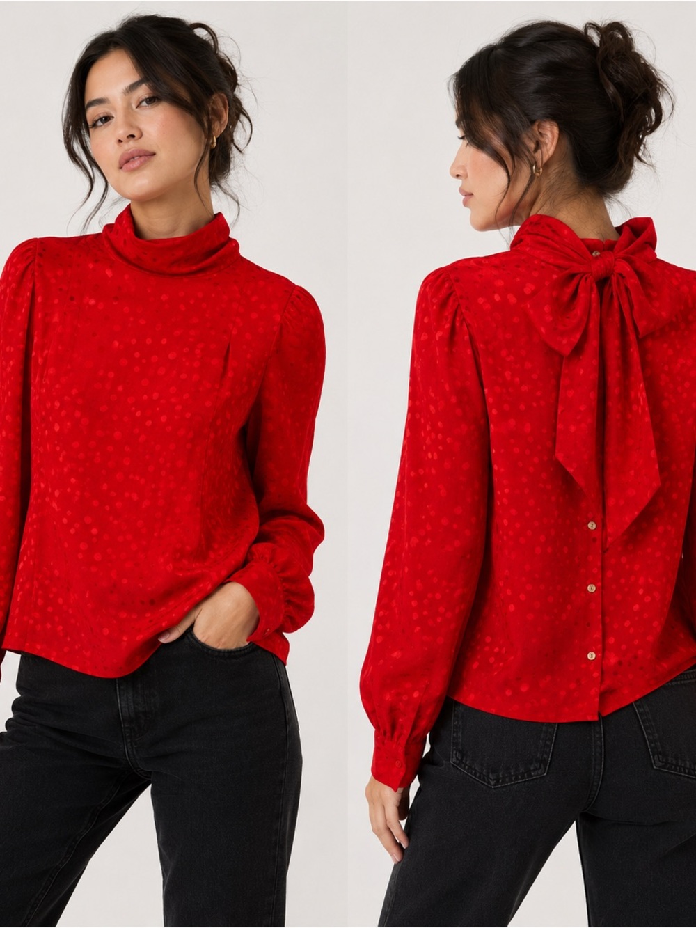 Vintage 80s Bright Red Dotted Bow Blouse by You Babes